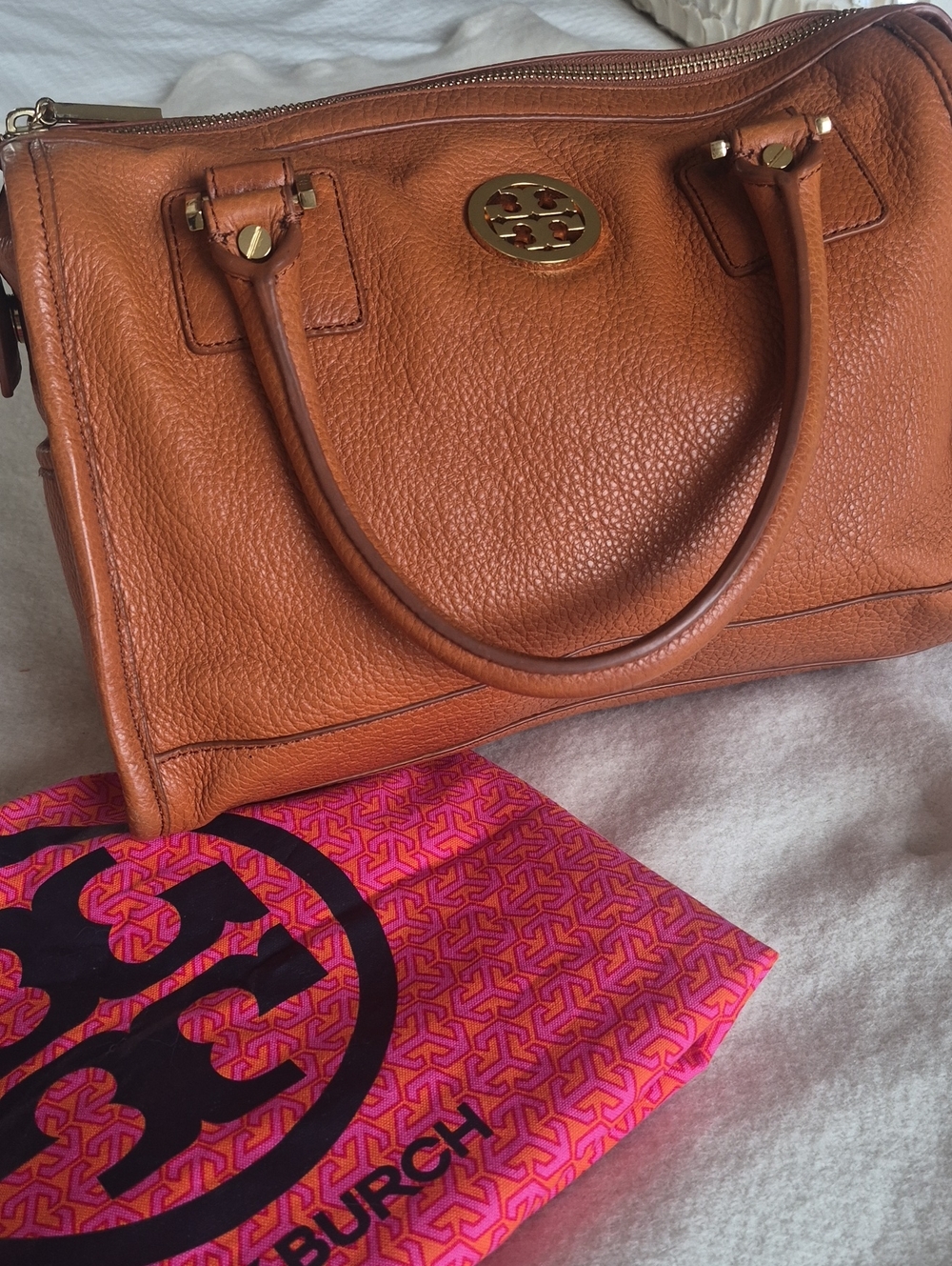 Tory Burch Leather Satchel in Cognac Tan with Gold Hardware